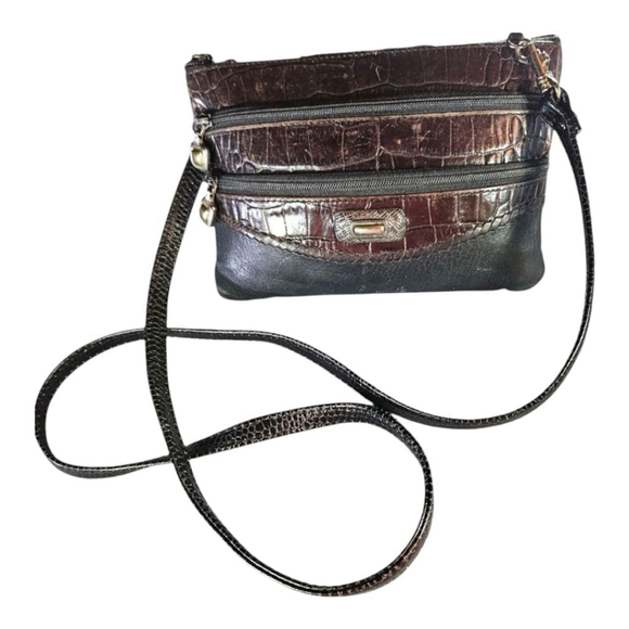 Brighton One Size Black Brown Croc Embossed Leather Crossbody Bag - Picture 3 of 13